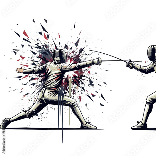 Fencing duel with explosive impact, athletes in action, dynamic sport illustration