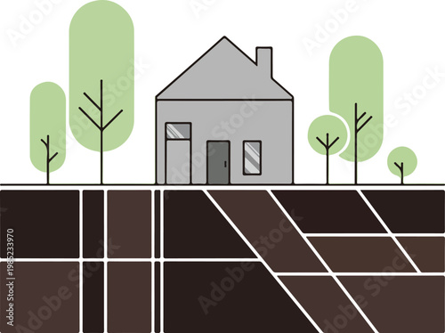 Minimalist Vector Illustration of a House with Geothermal Energy System.