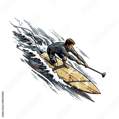 Man paddleboarding, action shot, dynamic water splash