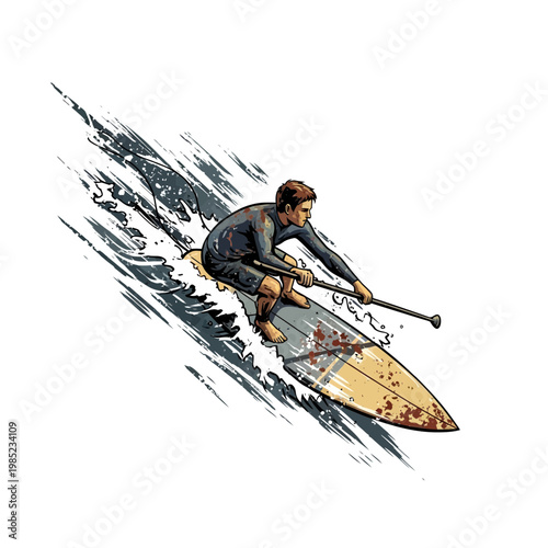 Man paddling on a stand up paddleboard, dynamic water splash, sport lifestyle