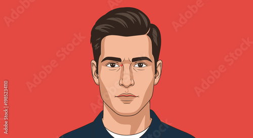 Detailed Vector Illustration of a Young Man's Face with a Neutral and Calm Expression Against a Solid Red Background, Presented in a Modern Front View Portrait Style