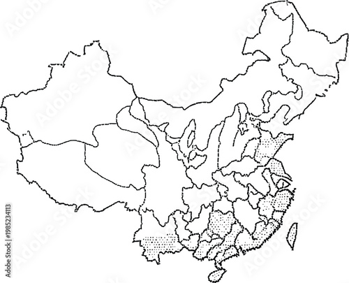 Line drawing of china's map illustrating geographical boundaries and provincial divisions
