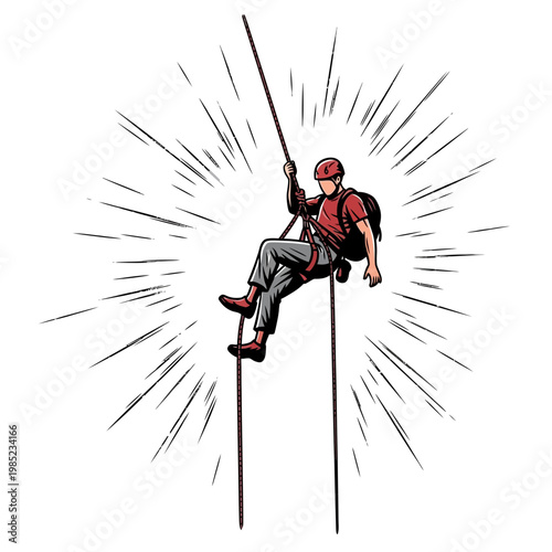 Man rappelling down a rope with radial lines, adventure, extreme sports