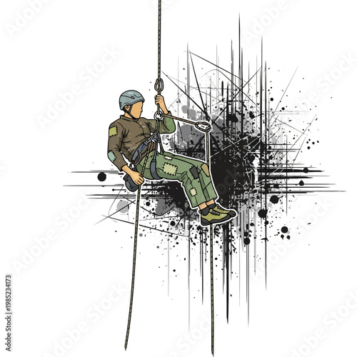 Man rappelling down rope with abstract grunge background