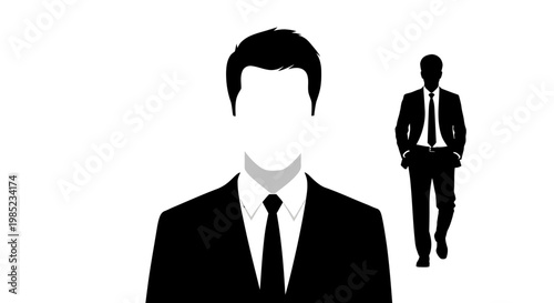 Silhouette of a man in a suit walking away from the viewer, with another man in a suit facing the viewer in the foreground