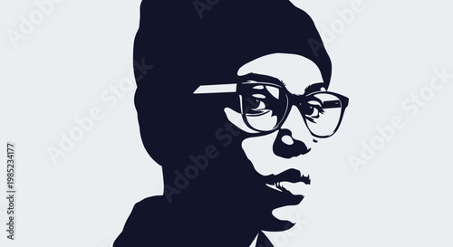 Illustration of a young person wearing a beanie and glasses, rendered in a striking silhouette style against a plain background