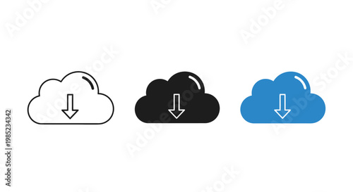 Vector illustration of cloud download icons in three distinct styles, perfect for data transfer, storage, and file management graphic designs.