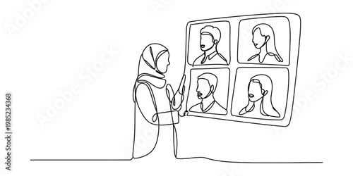A continuous line drawing of a woman in a hijab leading a virtual meeting with several colleagues Vector, illustration