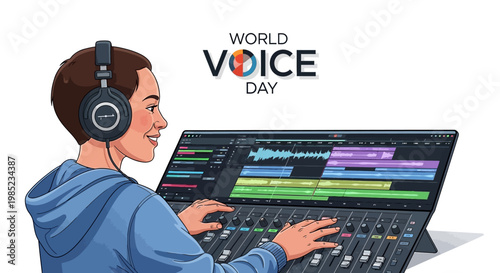 An illustration features a smiling person wearing headphones and using a sound mixing console against a white background, promoting vocal health awareness and speech communication for World