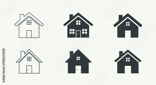Versatile Collection of Modern Home Icons in Clean Vector Style, Showcasing Residential Buildings for Digital Interface Design, Real Estate Applications, and Architectural Concepts