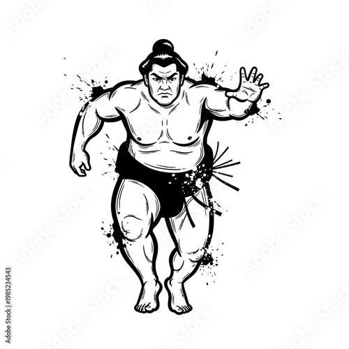 Sumo wrestler in action, dynamic pose, ink splash background