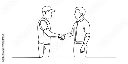 A single continuous line drawing of a delivery person shaking hands with a professional customer Vector, illustration
