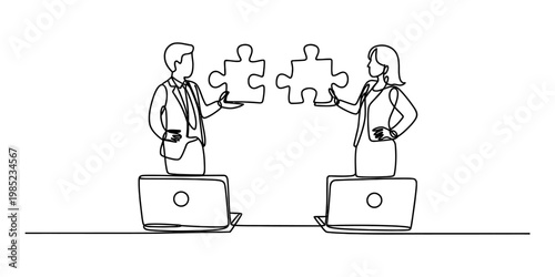 A single continuous line drawing of a businessman and businesswoman solving a puzzle together Vector, illustration