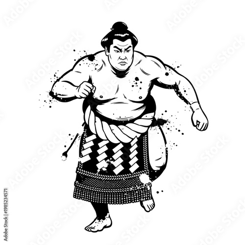 Sumo Wrestler in Action, Dynamic Pose, Ink Splatter Style