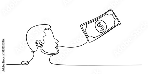 A continuous line drawing depicting a human profile connected to a floating dollar bill concept Vector, illustration