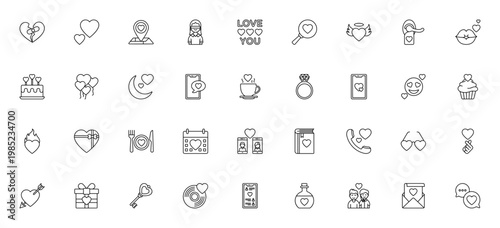 Love and Dating icon set. Vector illustration pack featuring broken heart, kiss, valentine's day, dating app, couple, gift, love letter and more. Editable stroke.