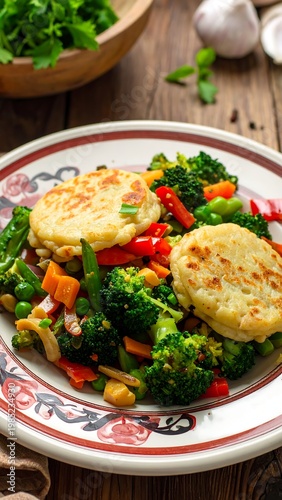 A plate of food with vegetables and patties on a wooden table