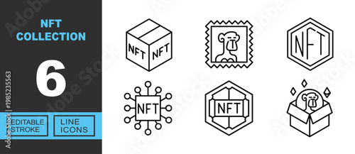 NFT Collection line icon set. Exclusive NFT Collection line icon collection. Containing cube, stamp, hexagon, network, badge, package. Editable stroke.