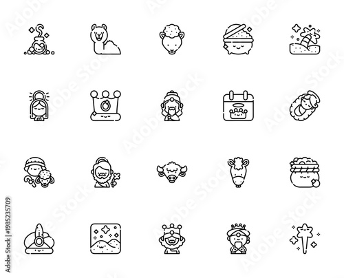 Three Wise Men icon set. Vector illustration pack featuring Myrrh, Camel, Star, Gold, Shepherd, Virgin Mary, Jesus, and more. Editable linear icons.