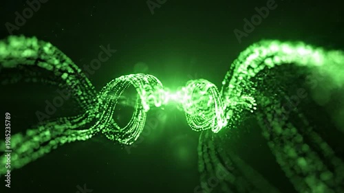 Abstract Green DNA Helix Structure Glowing Energy Particles.