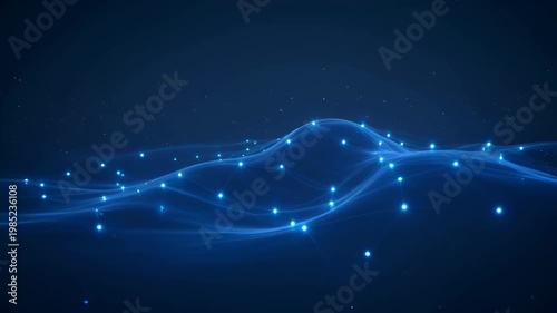 Glowing blue network wave, abstract digital connection, flowing light points, futuristic data visualization smooth gradient night sky glowing blue particles dark background scattered light points