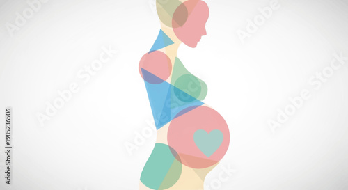 Modern abstract depiction of a pregnant woman with a heart, symbolizing the joy of new life and the sacred bond of motherhood