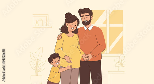 Family anticipation A pregnant mother, father, and son embrace in a warm, sunlit room, envisioning their new arrival