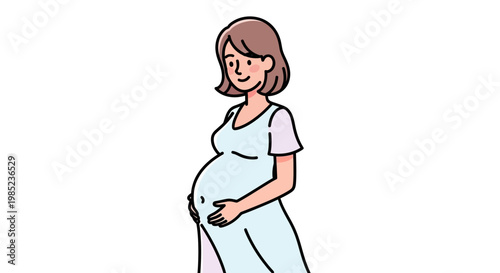 Smiling pregnant woman gently caressing her baby bump with an expectant gaze, symbolizing the joy, anticipation, and beautiful journey of motherhood