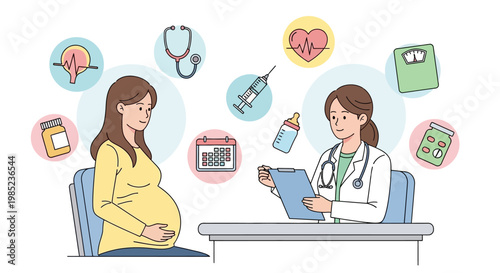 Pregnant Woman Consulting with a Female Doctor for Prenatal Care and Maternal Health Check-up, Surrounded by Essential Healthcare Icons