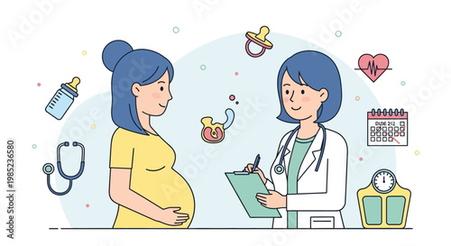Pregnancy checkup with doctor illustration showing a pregnant woman with a doctor reviewing her health record during a medical appointment in a clinic