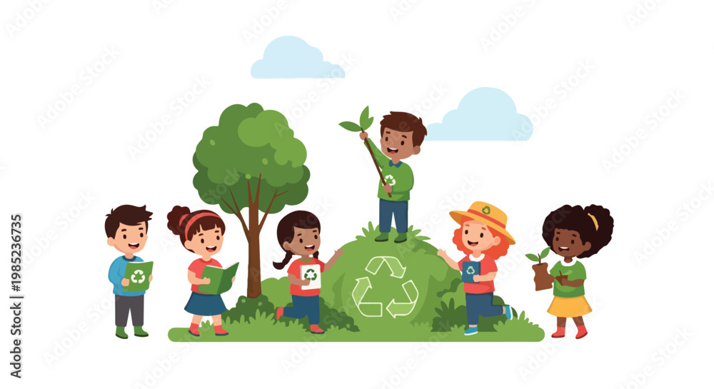 Fototapeta premium An illustration of a group of diverse children in a park, participating in eco-friendly activities like planting trees and holding recycling books.