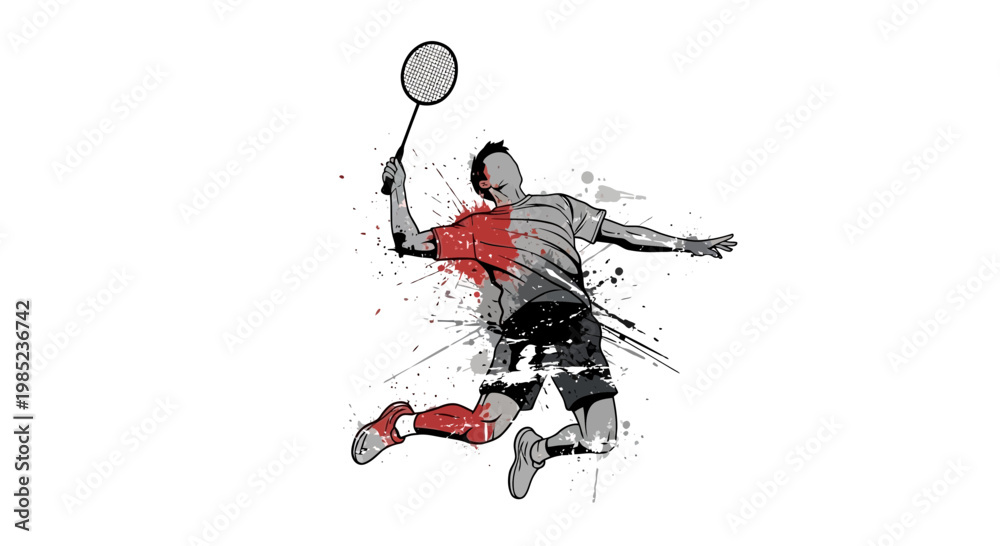 Fototapeta premium Badminton player jumping and smashing shuttlecock, dynamic action illustration