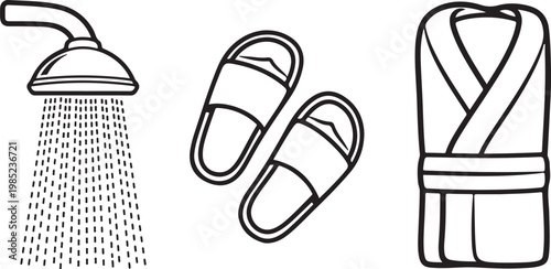 Bathroom hygiene essentials including showerhead flip-flops and bathrobe Isolated on white background