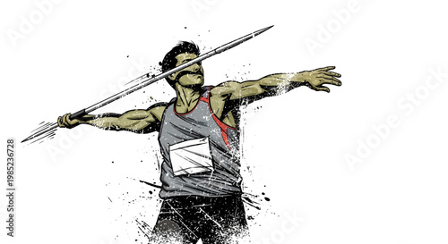 Athlete throwing javelin in dynamic pose, abstract splash effect