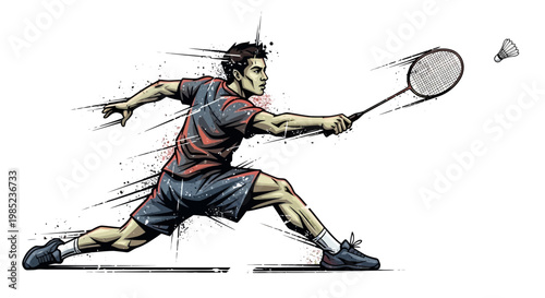 Badminton player in action, dynamic movement, energetic sports illustration