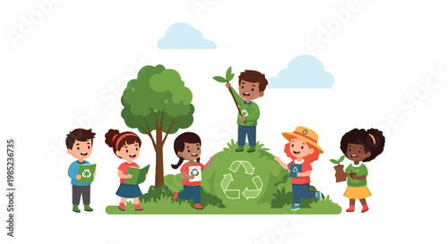 An illustration of a group of diverse children in a park, participating in eco-friendly activities like planting trees and holding recycling books.