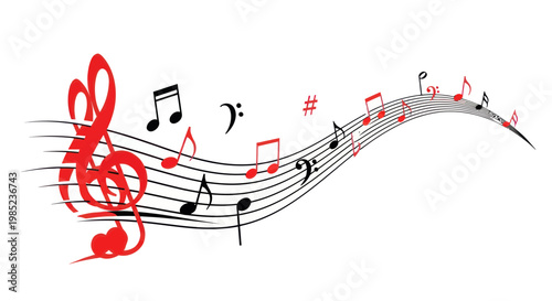 Musical Notes Flowing on Staff Lines, Treble Clef