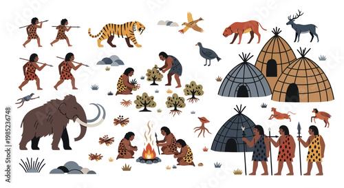 Prehistoric life scene with cavemen, mammoth, huts, and animals