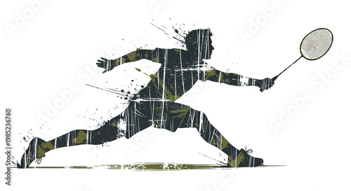 Badminton player silhouette hitting shuttlecock, dynamic motion, abstract grunge style