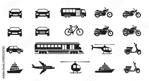 Transportation Icons Set: Cars, Bikes, Motorcycles, Bus, Train, Helicopter, Plane, Boat, Scooter