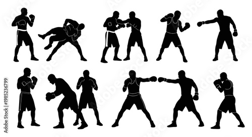 Boxing Silhouettes: Fighters in Action, Punching and Grappling