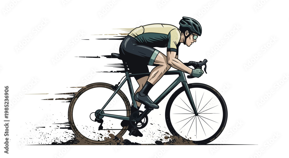 Obraz premium Cyclist racing on dirt road, dynamic motion blur, side view