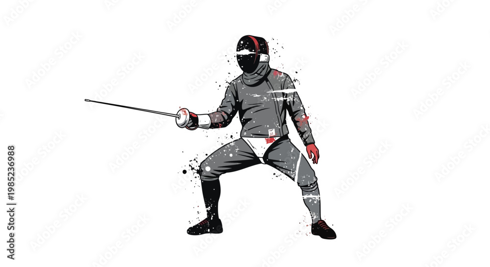 Fototapeta premium Fencer in aggressive stance with sword, dynamic action illustration