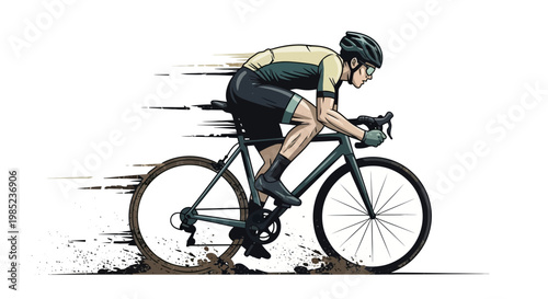 Cyclist racing on dirt road, dynamic motion blur, side view