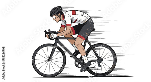 Cyclist racing on road bike, dynamic motion blur effect, white background
