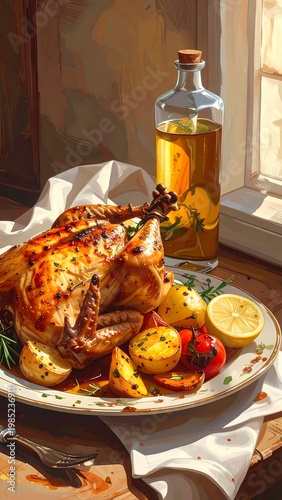 A roasted chicken with potatoes and lemon on a table