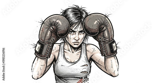 Determined female boxer with boxing gloves, ready to fight, white background