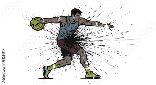 Discus thrower in action with paint splatter effect