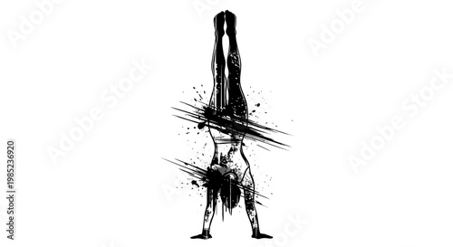Dynamic handstand silhouette with abstract ink splashes