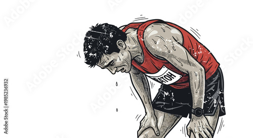 Exhausted runner taking a break after marathon race, sweat dripping